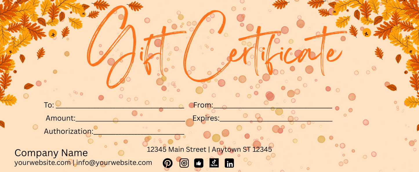 Custom Fall Inspired Gift Certificates